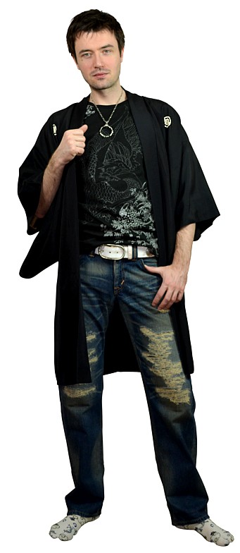 японское шелковое хаори (кардиган) с 5-ю самурайскими гербами, антик