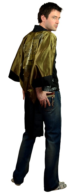 японское старинное шелковое мужское хаори, подкладка с жаккардовой вышивкой и росписью